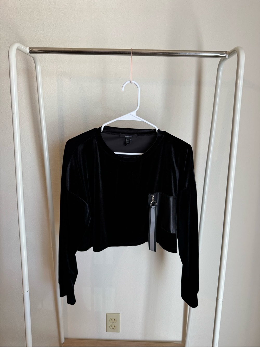 Forever 21 Black Velvet Cropped Hoodie with Zipper Pocket